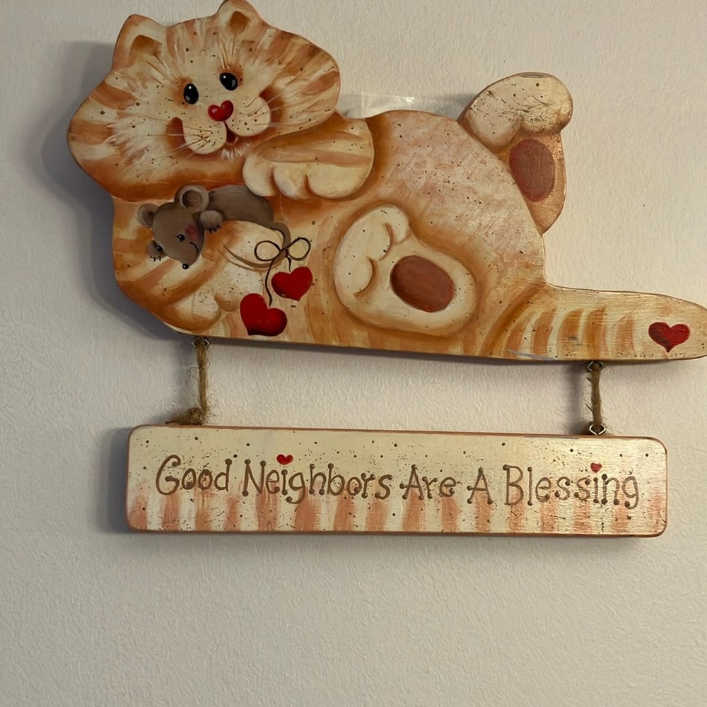 Hand painted orange, cat, and mouse with sign